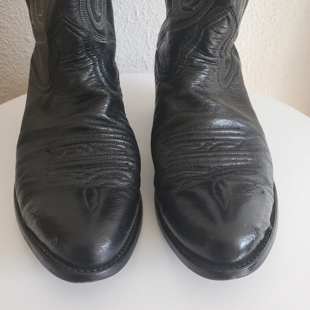 Nocona Western Cowboy Rancho Black Leather Stitch Flame Boots